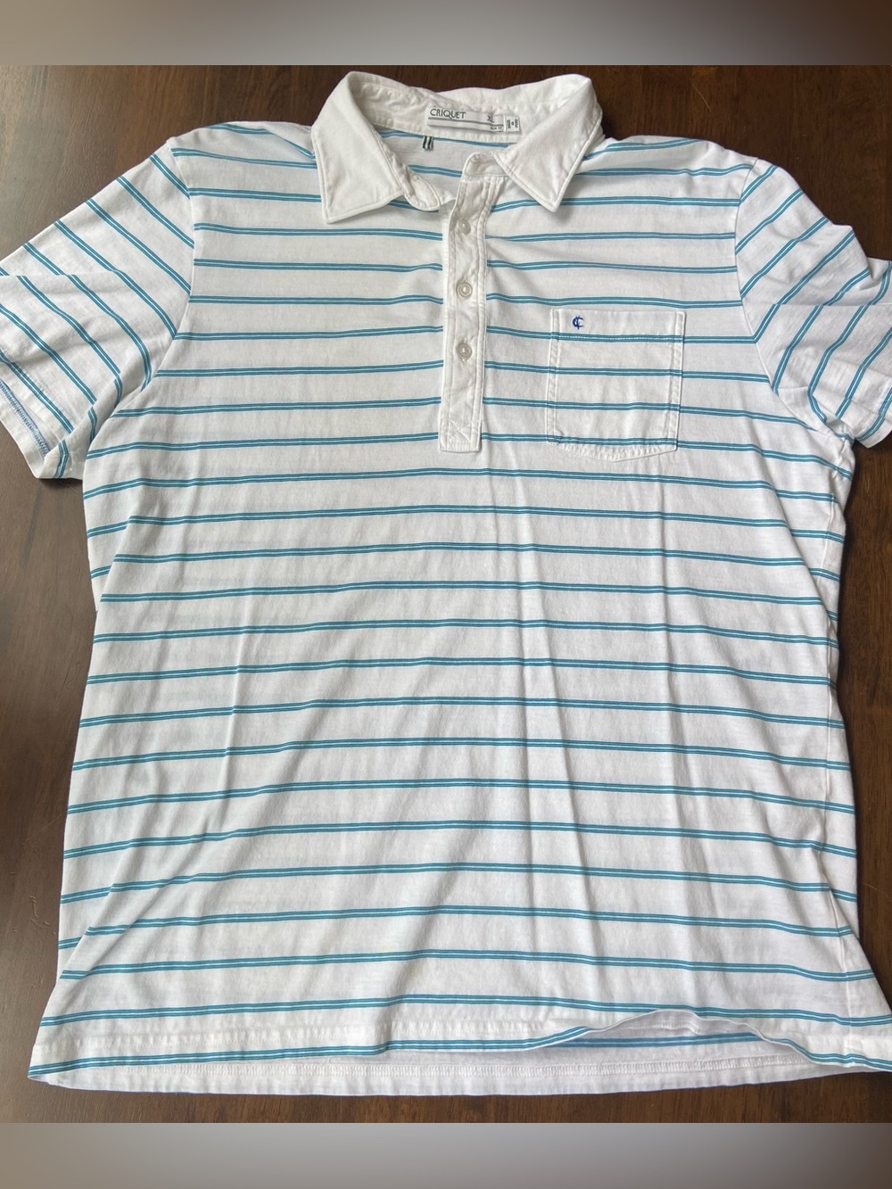 Criquet Players Polo Shirt Mens XL Slim Fit White Blue Striped Organic Golf Top